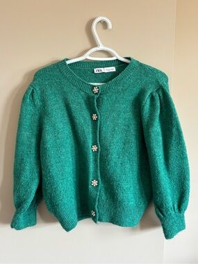 ZARA Emerald Green Puff Sleeve Cardigan /sweater with Floral Jewel Buttons